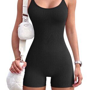 Women Workout Seamless Jumpsuit Yoga Ribbed Bodycon One Piece Spaghetti Strap